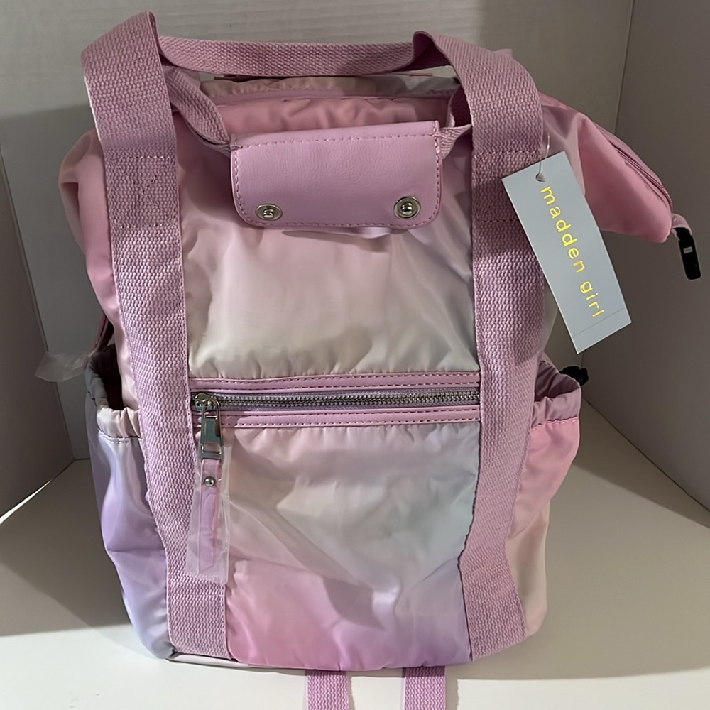 NEW Madden Girl Pastel Pink and Lavender Backpack side pockets back zippers